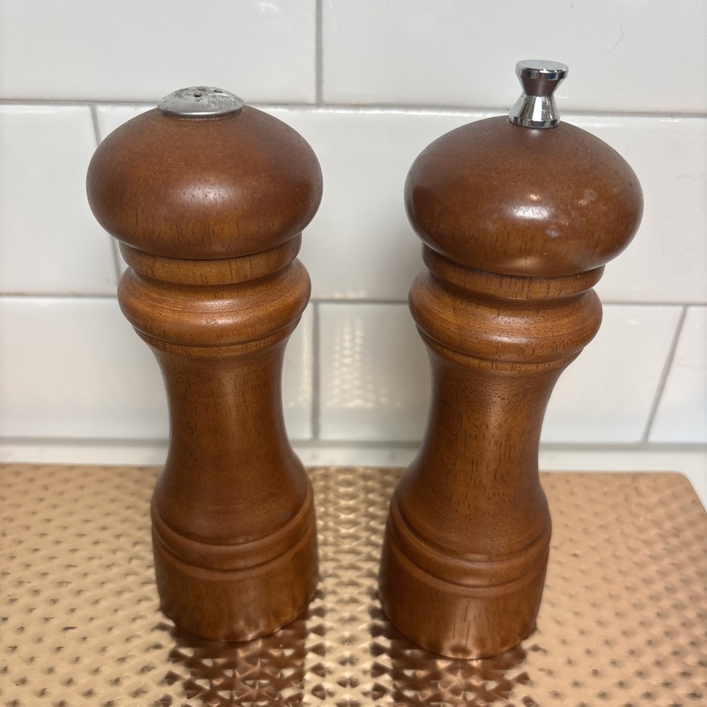 Vintage Mr. Dudley Wooden Salt Shaker & Pepper Mill Grinder Set Med. Brown Wood